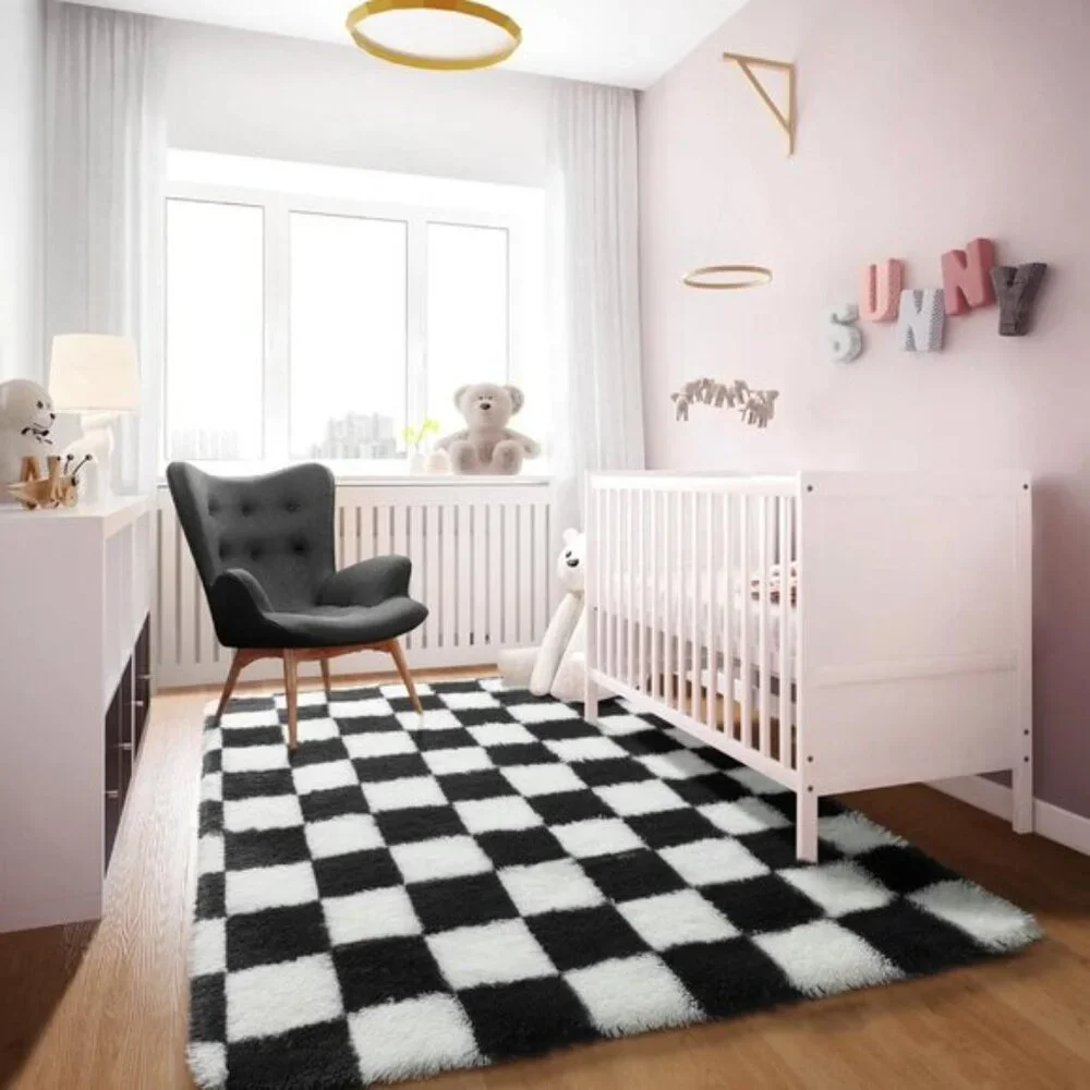New 4x6 Black & White Checkered Rug – Fluffy Soft Shaggy Area Rug